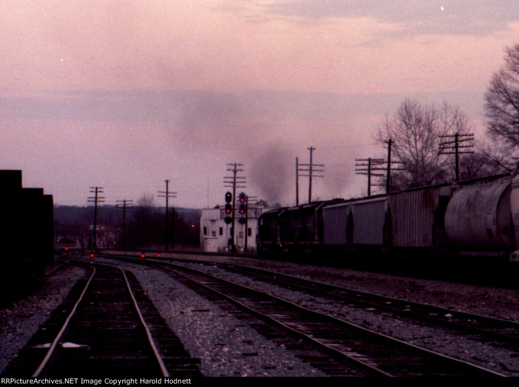 A trio of SD45's leave the north end of Raleigh yard on a clear signal